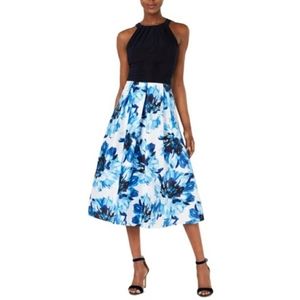 SLNY Fit and Flare Blue White Floral Halter Dress
